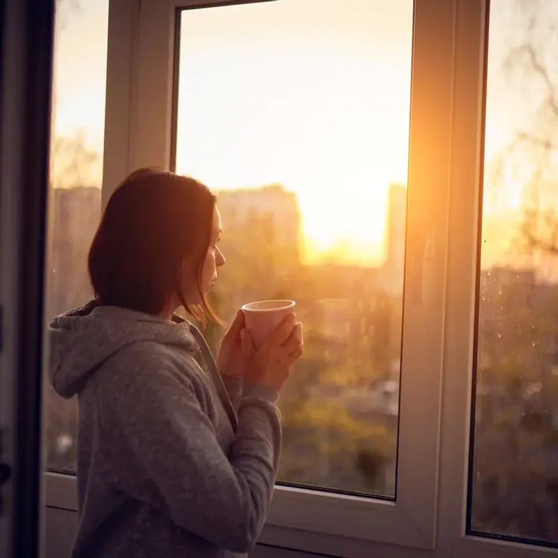A woman holding a mug at a window, watching the sun come up over rooftops